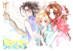 Rule 34 | 1girl, 2boys, aerith gainsborough, bandages, black hair, black shirt, blonde hair, blue eyes, blue shirt, brown hair, closed mouth, cloud strife, collared shirt, commentary request, dress, drill hair, drill sidelocks, final fantasy, final fantasy vii, flower, frown, green eyes, kirika (nutsmoon), long hair, looking at viewer, multiple boys, open clothes, open mouth, open shirt, painting (medium), parted bangs, pink dress, red shirt, shirt, short hair, short sleeves, sidelocks, sleeveless, sleeveless turtleneck, smile, spiked hair, traditional media, turtleneck, upper body, watercolor (medium), yellow flower, zack fair