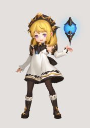 Rule 34 | 1girl, bare shoulders, blonde hair, bow, brown bow, brown footwear, brown pantyhose, detached sleeves, dress, floating, floating object, floating weapon, frilled dress, frills, glowing, glowing weapon, grey background, highres, medium hair, open hand, open mouth, original, pantyhose, purple eyes, simple background, smile, solo, standing, teeth, tongue, turtleneck, upper teeth only, weapon, white dress, xiongmao pai tang bao