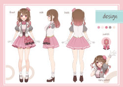 Rule 34 | 1girl, :d, ;d, absurdres, arm up, blush, bobby socks, breasts, brown footwear, brown hair, character sheet, closed mouth, collared shirt, dress shirt, english text, gloves, hanasaki aika, hat, high heels, highres, indie virtual youtuber, jacket, long hair, looking at viewer, medium breasts, mini hat, multiple views, one eye closed, one side up, open clothes, open jacket, open mouth, pink background, pink headwear, pink skirt, pleated skirt, profile, puffy short sleeves, puffy sleeves, red eyes, shirt, shoes, short sleeves, skirt, smile, socks, standing, tilted headwear, two-tone background, virtual youtuber, white background, white gloves, white jacket, white shirt, white socks, yukiunag1