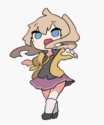 Rule 34 | 1girl, animated, animated gif, black footwear, black shirt, blue eyes, blush, brown hair, cardigan, chibi, commentary request, en pointe, fang, floating hair, full body, kasukabe tsumugi, long hair, long sleeves, looping animation, lowres, mole, mole under eye, necktie, one side up, open cardigan, open clothes, open mouth, pirouette, pleated skirt, purple skirt, sakamoto ahiru, school uniform, shirt, shoes, simple background, skin fang, skirt, smile, solo, spinning, voicevox, white background, white leg warmers, winking (animated), yellow cardigan, yellow necktie