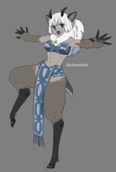 Rule 34 | 1girl, abs, animal ears, animal feet, animal nose, arms up, artist name, bandeau, black horns, blue bandeau, blue eyes, body fur, breasts, brown fur, colored skin, deer ears, deer girl, deer tail, female focus, flat color, full body, furry, furry female, grey background, grey skin, happy, highres, hooves, horns, kizuta (barometz), leg up, long hair, looking at viewer, medium breasts, navel, neck bell, neck fur, open mouth, original, outstretched arms, pelvic curtain, sidelocks, simple background, sketch, smile, solo, spread arms, spread fingers, standing, standing on one leg, stomach, tail, toned, twitter username, v-shaped eyebrows, watermark, white fur, white hair