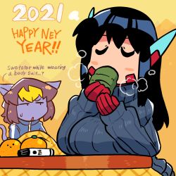 Rule 34 | 1boy, 1girl, 2021, asta rindo (rariatto), black hair, bodysuit, breasts, commentary, drinking, english commentary, english text, food, fruit, gloves, grey sweater, hands up, happy new year, highres, jitome, kotatsu, large breasts, long hair, long sleeves, mandarin orange, marker, mixed-language commentary, neri (rariatto), new year, original, parted lips, rariatto (ganguri), red gloves, ribbed sweater, robot ears, steam, sweater, table