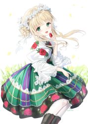 Rule 34 | 1girl, :d, bad id, bad pixiv id, black footwear, blonde hair, blush, boots, commentary request, cross-laced footwear, floral print, flower, food, fruit, green eyes, green skirt, hair bun, haruri, head tilt, highres, holding, holding food, holding fruit, lace-up boots, long hair, long sleeves, open mouth, original, pantyhose, print skirt, puffy long sleeves, puffy sleeves, rose print, side bun, sidelocks, signature, single hair bun, single side bun, skirt, smile, solo, strawberry, traditional clothes, white background, white flower, white pantyhose, wide sleeves, yellow flower
