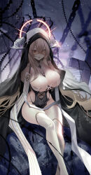 Rule 34 | 1girl, absurdres, azur lane, bare shoulders, black gloves, blonde hair, breast cutout, breasts, chain, cleavage, covered navel, fake horns, feet out of frame, gloves, habit, hair between eyes, halo, highres, horns, implacable (azur lane), large breasts, long hair, looking at viewer, nun, orange eyes, pelvic curtain, revealing clothes, shiro kanae, solo, thighhighs, two-tone dress, veil, very long hair, white horns, white thighhighs