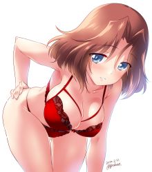 Rule 34 | 1girl, armpit peek, artist name, azumi (girls und panzer), bent over, blue eyes, blush, bra, breasts, brown hair, cameltoe, cleavage, collarbone, covered erect nipples, dated, feet out of frame, girls und panzer, gluteal fold, highres, kuzuryuu kennosuke, large breasts, lingerie, looking at viewer, panties, parted lips, red bra, red panties, shiny skin, short hair, simple background, skindentation, smile, solo, standing, underwear, underwear only, white background