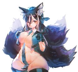 Rule 34 | 1girl, animal ear fluff, animal ears, between breasts, black gloves, black hair, black tail, blue necktie, bonnet, borrowed character, breasts, cleavage, clenched hands, commission, convenient censoring, cropped jacket, curvy, fox ears, fox tail, gloves, hair between eyes, highres, jacket, kitsune, large breasts, large tail, looking at viewer, multicolored hair, multiple tails, necktie, necktie between breasts, open clothes, open jacket, original, shimamoto yuuko (miko101), solo, tail, thick thighs, thighhighs, thighs, wan jue, white background, white hair, wide hips, yellow eyes