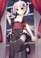 Rule 34 | 1girl, bad id, bad pixiv id, black bow, black shirt, black skirt, blush, boots, bow, breasts, building, cloud, collar, commentary request, corset, crescent, curtains, detached collar, door, fingernails, flower, frilled shirt, frills, grey hair, hair bow, hair flower, hair ornament, hexagram, holding, holding sword, holding weapon, indoors, looking at viewer, night, night sky, original, pantyhose, pelvic curtain, pink eyes, ponytail, shirt, short hair, short sleeves, side ponytail, skirt, sky, small breasts, solo, standing, standing on one leg, star (sky), star of david, starry sky, sword, thigh boots, thighhighs, underbust, usagino suzu, weapon, white collar, white thighhighs, wide sleeves, window