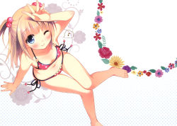 Rule 34 | 1girl, ;), absurdres, arm support, barefoot, bikini, blonde hair, blue eyes, blush, breasts, flower, from above, hair bobbles, hair ornament, halftone, halftone background, highres, knees together feet apart, long hair, looking at viewer, musical note, nail polish, navel, one eye closed, original, pan (mimi), polka dot, polka dot bikini, polka dot swimsuit, quaver, red bikini, side-tie bikini bottom, sitting, small breasts, smile, solo, spoken musical note, strap gap, string bikini, swimsuit, thigh gap, twintails, two side up, wink