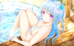 Rule 34 | 1girl, artist name, bang dream!, bare arms, bare legs, bare shoulders, barefoot, bikini, blue hair, breasts, closed mouth, collarbone, commentary request, dated, day, drink, eyebrows, feet, flower, hair flower, hair ornament, hello happy world!, highres, ice, knees together feet apart, legs together, light blue hair, long hair, looking at viewer, looking back, masa (mirage77), matsubara kanon, medium breasts, outdoors, pool, purple eyes, raised eyebrows, rock, signature, sitting, soaking feet, solo, striped bikini, striped clothes, sunlight, swimsuit, thigh gap, thighs, water, wet, white bikini