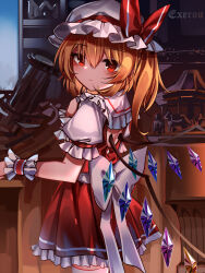 Rule 34 | 1girl, absurdres, blonde hair, closed mouth, commentary request, crystal, flandre scarlet, hat, hat ribbon, highres, indoors, looking at viewer, medium hair, mob cap, one side up, red eyes, red ribbon, red skirt, ribbon, shirt, short sleeves, signature, skirt, solo, top-exerou, touhou, white hat, white shirt, wings, wrist cuffs