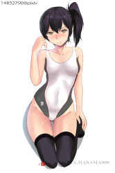 Rule 34 | 10s, 1girl, alternate costume, bad id, bad pixiv id, black hair, blush, brown eyes, competition swimsuit, kaga (kancolle), kantai collection, kneeling, one-piece swimsuit, short hair, solo, sora hasama, swimsuit, thighhighs