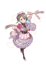 Rule 34 | 1girl, ange (princess principal), asymmetrical hair, black pantyhose, blue eyes, blush, bow, braid, clenched hand, dress, full body, gift, grey hair, hat, hat belt, heart, highres, looking at viewer, official art, pantyhose, pink bow, pink dress, pink hat, pink ribbon, princess principal, princess principal game of mission, ribbon, solo, standing, striped clothes, striped dress, striped headwear, transparent background, white footwear