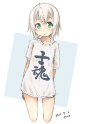 Rule 34 | 1girl, absurdres, ahoge, artist name, clothes writing, commentary request, cropped legs, dated, fyuo, glasses, green eyes, highres, kantai collection, looking at viewer, one-hour drawing challenge, shimushu (kancolle), shirt, shitty t-shirt naval base, short hair, silver hair, solo, standing, translated, white shirt