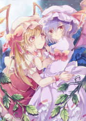 Rule 34 | 2girls, alternate eye color, bad id, bad pixiv id, blonde hair, bow, female focus, flandre scarlet, hair bow, hands on another&#039;s cheeks, hands on another&#039;s face, hat, hat ribbon, leaf, moon, multiple girls, orange eyes, purple hair, remilia scarlet, ribbon, siblings, side ponytail, sisters, skirt, skirt set, touhou, wings, wrist cuffs, yume hisahi