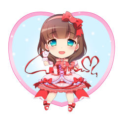 Rule 34 | 10s, 1girl, blue eyes, bow, brown hair, commentary request, deformed, dress, earrings, eyebrows, gloves, hair bow, hairband, hand up, heart, idolmaster, idolmaster cinderella girls, idolmaster cinderella girls starlight stage, jewelry, long hair, looking at viewer, sakuma mayu, silky (silky alice), solo, white gloves