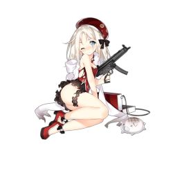 Rule 34 | 1girl, bag, blue eyes, blush, breasts, china dress, chinese clothes, cleavage, closed mouth, coat, dress, full body, fur trim, girls&#039; frontline, gun, h&amp;k mp5, hat, holding, holding gun, holding weapon, leg strap, legs, long hair, looking at viewer, mp5 (girls&#039; frontline), mp5 (vietnamese balm) (girls&#039; frontline), official alternate costume, official art, one eye closed, open mouth, red dress, red footwear, ribbon, saru, shoulder bag, silver hair, sitting, small breasts, smile, solo, submachine gun, tassel, thigh strap, transparent background, weapon, white coat