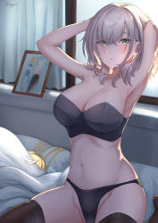Rule 34 | 2girls, artist name, bed, black bra, black panties, black thighhighs, blonde hair, bra, breasts, cleavage, closed mouth, green eyes, hand in own hair, highres, hololive, large breasts, long hair, looking at viewer, lying, medium hair, mole, mole on breast, multiple girls, navel, on bed, panties, photo (object), shiranui flare, shirogane noel, shougun (chuckni1), silver hair, simple background, sitting, solo, spread legs, strapless, strapless bra, thighhighs, underwear, virtual youtuber, window, yuri