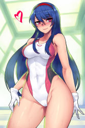 Rule 34 | 1girl, blue hair, blush, breasts, competition swimsuit, covered navel, eyebrows, gakuen taisen valkyries, glasses, gloves, highleg, highleg swimsuit, highres, jjune, long hair, looking at viewer, one-piece swimsuit, red eyes, rei no pool, rimless eyewear, sabra greengold, smile, solo, swimsuit, wet, white gloves