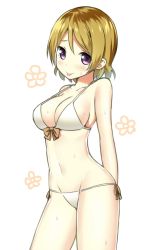 Rule 34 | 10s, 1girl, :p, arms behind back, bare shoulders, bikini, blush, breasts, brown hair, cleavage, collarbone, cowboy shot, highres, koizumi hanayo, looking at viewer, love live!, love live! school idol project, medium breasts, navel, purple eyes, short hair, sideboob, sky-freedom, solo, standing, strap gap, sweat, swimsuit, tongue, tongue out, white background, white bikini