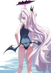 Rule 34 | 1girl, absurdres, ass, back, bare shoulders, blue archive, blush, floating hair, hair ornament, hairclip, halo, highres, hina (blue archive), hina (swimsuit) (blue archive), long hair, looking at viewer, looking back, maao you you, one-piece swimsuit, purple eyes, school uniform, silver hair, simple background, solo, swimsuit, very long hair, white background