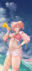 Rule 34 | 1girl, absurdres, beach, bikini, bikini under clothes, breasts, contrail, cropped jacket, floral print, hand on own hip, highres, holding, holding megaphone, idolmaster, idolmaster cinderella girls, jacket, jougasaki mika, looking at viewer, medium breasts, megaphone, navel, official alternate costume, outdoors, pink hair, pink jacket, pubic tattoo, qingli ye, short shorts, shorts, solo, stomach, swimsuit, tattoo, thigh strap, twintails, white shorts