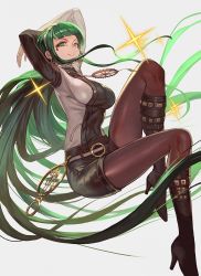 Rule 34 | 1girl, absurdly long hair, arms up, black pantyhose, black shorts, blunt bangs, boots, cleopatra (fate), closed mouth, eye of horus, fate/grand order, fate (series), full body, gears, green hair, grey background, high heel boots, high heels, highres, knee boots, lack, long hair, looking at viewer, pantyhose, short shorts, shorts, sidelocks, simple background, smile, solo, very long hair