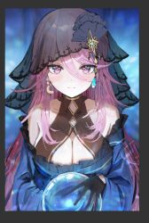 Rule 34 | 1girl, bare shoulders, black gloves, breasts, cleavage, collarbone, crystal ball, earrings, gloves, heaven burns red, jewelry, large breasts, long hair, multicolored eyes, pink eyes, pink hair, sakuraba seira, sidelocks, solo, sonchi, veil, witch