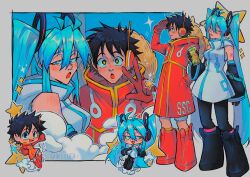 Rule 34 | 1boy, 1girl, absurdres, artist name, black footwear, black gloves, black hair, black sleeves, blue eyes, blue hair, boots, chibi, crossover, cup, detached sleeves, disposable cup, gloves, grey jacket, hat, hatsune miku, high collar, highres, holding, holding cup, jacket, long hair, monkey d. luffy, multiple views, one piece, red footwear, red gloves, red jacket, sainttufa, short hair, sleeveless, sleeveless jacket, sparkling eyes, star (symbol), straw hat, twintails, v, very long hair, vocaloid