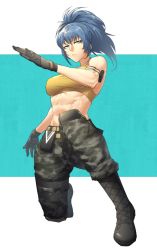 Rule 34 | 1girl, abs, ammunition pouch, bad id, bad twitter id, blue hair, boots, camouflage, camouflage pants, gloves, highres, houjoh (7th-heaven), leona heidern, midriff, muscular, muscular female, pants, ponytail, pouch, snk, solo, the king of fighters