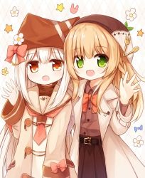 Rule 34 | 2girls, :d, animal ears, animal hat, belt, belt buckle, black belt, blonde hair, blush, bow, brown coat, brown eyes, brown hat, brown sailor collar, brown shirt, brown skirt, buckle, cat ears, cat hat, coat, collared shirt, commentary request, dress, dress shirt, flower, green eyes, hair between eyes, hand up, hat, long hair, long sleeves, looking at viewer, multiple girls, neckerchief, open clothes, open coat, open mouth, orange bow, original, pleated skirt, red neckerchief, sailor collar, sailor dress, shirt, simple background, skirt, sleeves past wrists, smile, star (symbol), very long hair, white background, white dress, white flower, white hair, wide sleeves, yellow flower, yuuhagi (amaretto-no-natsu)