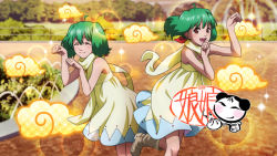 Rule 34 | :d, ahoge, boots, dress, closed eyes, fang, game cg, green hair, macross, macross frontier, official art, open mouth, paw pose, ranka lee, red eyes, scarf, short hair, sleeveless, sleeveless dress, smile, spaghetti strap, uta macross sumaho deculture, yellow scarf