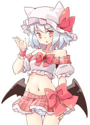 Rule 34 | 1girl, alternate costume, arnest, bare shoulders, bat wings, blue hair, blush, bow, bowtie, brooch, collarbone, commentary request, cowboy shot, crop top, frills, groin, hand up, hat, hat bow, jewelry, looking at viewer, low wings, midriff, miniskirt, mob cap, navel, off-shoulder shirt, off shoulder, open mouth, panties, pink bow, pink bowtie, pink skirt, plaid, plaid skirt, puffy short sleeves, puffy sleeves, red eyes, remilia scarlet, shirt, short hair, short sleeves, simple background, skirt, solo, standing, stomach, touhou, underwear, white background, white hat, white panties, white shirt, wings, wrist cuffs