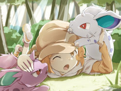 Rule 34 | 1girl, ;o, blossom (pokemon), brown eyes, brown headwear, brown legwear, bush, commentary request, creatures (company), day, forest, game freak, gen 1 pokemon, grass, hat, itsudzumi, light rays, long sleeves, lying, nature, nidoran, nidoran (female), nidoran (male), nintendo, on stomach, one eye closed, orange hair, outdoors, pokemon, pokemon (anime), pokemon (creature), poketoon, shirt, shoes, short hair, socks, tree