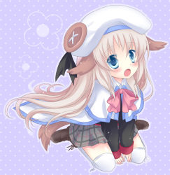 Rule 34 | 1girl, animal ears, bad id, bad pixiv id, blonde hair, blue eyes, bow, cape, dog ears, dog tail, fang, hat, little busters!, long hair, mana (10221125), noumi kudryavka, pink bow, plaid, plaid skirt, school uniform, sitting, skirt, solo, tail, thighhighs, wariza, white thighhighs
