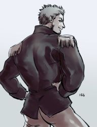 Rule 34 | 1boy, back, cowboy shot, epaulettes, facial hair, fate/grand order, fate (series), greyscale, hand on own hip, kitano gori, long sideburns, long sleeves, looking at viewer, male focus, military, military uniform, monochrome, muscular, napoleon bonaparte (fate), pants, sketch, smile, smirk, solo, uniform, upper body, white pants