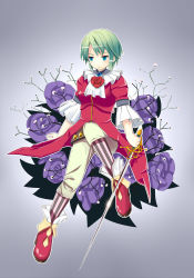 Rule 34 | 1girl, asellus (saga frontier), bare legs, blue eyes, dress, expressionless, flower, full body, green hair, grey background, kmzm, kneehighs, long sleeves, looking at viewer, red dress, red flower, red rose, rose, saga, saga frontier, short hair, simple background, sitting, socks, solo, striped clothes, striped socks