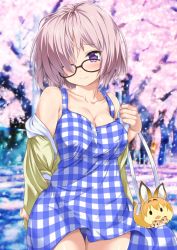 Rule 34 | 10s, 1girl, animal ears, bad id, bad pixiv id, bag, black-framed eyewear, blue dress, blush, breasts, buttons, character doll, cherry blossoms, cleavage, closed mouth, clothes lift, collarbone, cowboy shot, dress, fate/grand order, fate (series), glasses, hair over one eye, hand up, handbag, highres, holding, holding bag, hood, hoodie, kemono friends, large breasts, light purple hair, looking at viewer, mash kyrielight, mash kyrielight (senpai killer outfit), nijimoto hirok, no bra, off shoulder, official alternate costume, open clothes, open hoodie, outdoors, pixelated, plaid, plaid dress, plump, purple eyes, serval (kemono friends), short hair, skirt, skirt lift, smile, solo, thighs, white dress, wind, wind lift