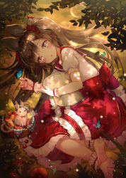Rule 34 | 1girl, absurdres, animal ears, ankle garter, apple, barefoot, basket, blush, bow, brown eyes, brown hair, bug, rabbit hair ornament, butterfly, butterfly on hand, cherry, food, fruit, hair bow, hair ornament, highres, insect, looking at viewer, lying, on side, original, parted lips, pear, rabbit, rabbit ears, red bow, red skirt, skirt, solo, yuna (deadawon)