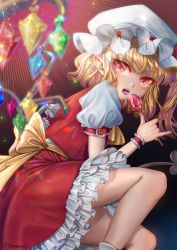 Rule 34 | 1girl, ascot, black background, blonde hair, blurry, blurry foreground, cado (noelapark), candy, commentary, fangs, fingernails, flandre scarlet, food, from side, gradient background, hat, highres, holding, holding candy, holding food, laevatein, light particles, lollipop, looking at viewer, looking back, lower teeth only, mob cap, one side up, open mouth, petticoat, pinky out, pointy ears, puffy short sleeves, puffy sleeves, red background, red eyes, red skirt, red vest, sash, shirt, short hair, short sleeves, sitting, skirt, solo, teeth, tongue, tongue out, touhou, twitter username, upper teeth only, vest, white hat, white shirt, wings, wrist cuffs, yellow ascot