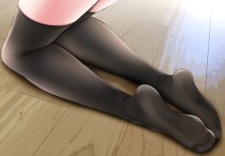 Rule 34 | 1girl, black thighhighs, feet, fine fabric emphasis, indoors, kneeling, on floor, oouso, original, out of frame, soles, solo, thighhighs, toes, wooden floor