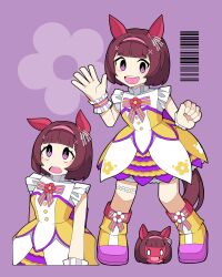 Rule 34 | 1girl, :d, absurdres, animal ears, ankle boots, black hair, blunt bangs, bob cut, boots, chibi, commentary, dress, ear covers, ear ornament, full body, hair ornament, hairband, highres, horse ears, horse girl, horse tail, looking at viewer, multiple views, nishino flower (umamusume), open mouth, pink background, pink hairband, purple eyes, short hair, simple background, sleeveless, sleeveless dress, smile, soulmaster uwu, standing, tail, umamusume, upper body, x hair ornament, yellow footwear