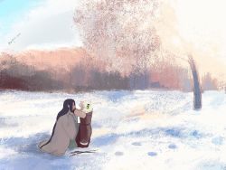 Rule 34 | animal ears, black hair, cat ears, day, footprints, highres, long hair, long sleeves, luo xiaohei, luo xiaohei (human), luo xiaohei zhanji, outdoors, profile, short hair, signature, snow, tanpan kmt, tree, very long hair, white hair, wuxian (the legend of luoxiaohei)