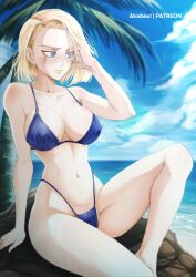 1girl absurdres akobeul android_18 beach bikini blonde_hair blue_bikini blue_eyes blue_sky breasts cleavage cloud cowboy_shot day dragon_ball dragonball_z highleg highleg_bikini highres horizon large_breasts navel ocean outdoors palm_tree rock short_hair sitting sky solo swimsuit tree