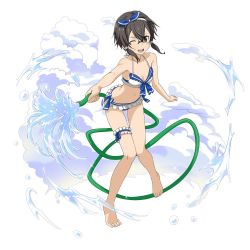 Rule 34 | 1girl, ;d, asada shino, barefoot, bikini, black-framed eyewear, black hair, blue ribbon, breasts, cleavage, collarbone, feet, frilled bikini, frills, full body, glasses, hair ribbon, hairband, halterneck, halterneck, highres, holding, looking at viewer, one eye closed, open mouth, ribbon, short hair with long locks, sidelocks, simple background, small breasts, smile, solo, standing, swimsuit, sword art online, thigh strap, toes, white background, white bikini, white hairband, white ribbon