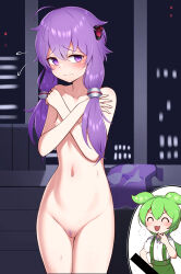 Rule 34 | 2girls, absurdres, bar censor, blush, breasts, censored, cleft of venus, closed eyes, closed mouth, covering privates, covering breasts, embarrassed, female pubic hair, flying sweatdrops, futanari, green hair, highres, hondaranya, indoors, laughing, multiple girls, navel, nipples, nude, open mouth, pubic hair, purple eyes, purple hair, pussy, short twintails, small breasts, smile, standing, twintails, vocaloid, yuzuki yukari, zundamon
