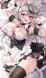Rule 34 | 1girl, :d, animal ear fluff, animal ears, apron, armband, armpits, arms up, bandaid, bandaid on leg, bare shoulders, bed sheet, belt collar, black choker, black dress, black hair, black thighhighs, blush, braid, breasts, cat ears, cat tail, choker, cleavage, collar, detached collar, detached sleeves, dress, earrings, extra ears, fang, frilled apron, frills, grey hair, hair between eyes, highres, hololive, jewelry, kemonomimi mode, large breasts, long hair, looking at viewer, lying, maid, maid apron, maid headdress, multicolored hair, off-shoulder dress, off shoulder, on back, open mouth, orca, red eyes, retsuto, revision, ribbon, sakamata chloe, sleeveless, sleeveless dress, smile, solo, streaked hair, stuffed orca, tail, thighhighs, thighs, underbust, virtual youtuber, waist apron, wrist cuffs