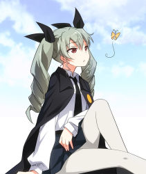 Rule 34 | 10s, 1girl, anchovy (girls und panzer), arm support, blush, bug, butterfly, cape, cloud, dress shirt, drill hair, girls und panzer, green hair, hair ribbon, insect, long hair, long sleeves, looking up, necktie, open mouth, pantyhose, pleated skirt, red eyes, ribbon, school uniform, shirt, sitting, skirt, sky, solo, twin drills, twintails, umekichi, uniform, white pantyhose, white shirt