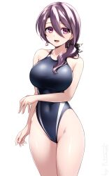 1girl black_one-piece_swimsuit breasts competition_swimsuit covered_navel cowboy_shot earrings hair_between_eyes hair_over_shoulder highleg highleg_one-piece_swimsuit highres jewelry large_breasts one-piece_swimsuit pataneet purple_eyes purple_hair simple_background solo swimsuit tsurugi_ryoka two-tone_swimsuit umamusume white_background