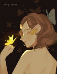 Rule 34 | 1girl, bare shoulders, black background, brown butterfly, brown hair, bug, butterfly, english text, grey butterfly, grey eyes, highres, insect, original, short hair, solo, surie, upper body, yellow butterfly