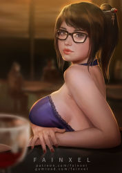 Rule 34 | 1girl, alcohol, artist name, backlighting, bare shoulders, black-framed eyewear, blurry, breast hold, breasts, brown eyes, brown hair, cup, depth of field, dress, drinking glass, fainxel, fingernails, formal, from side, glasses, hair ornament, hair stick, highres, indoors, lace, lace-trimmed dress, lace trim, leaning back, lips, looking at viewer, medium breasts, mei (overwatch), nail polish, nose, overwatch, overwatch 1, purple dress, realistic, red lips, red nails, reflection, short hair, signature, sleeveless, sleeveless dress, solo, watermark, web address, wine, wine glass